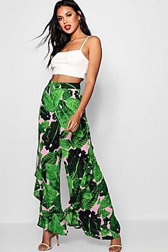 Palm Print Woven Frill Flare Trouser | Boohoo.com (US & CA)