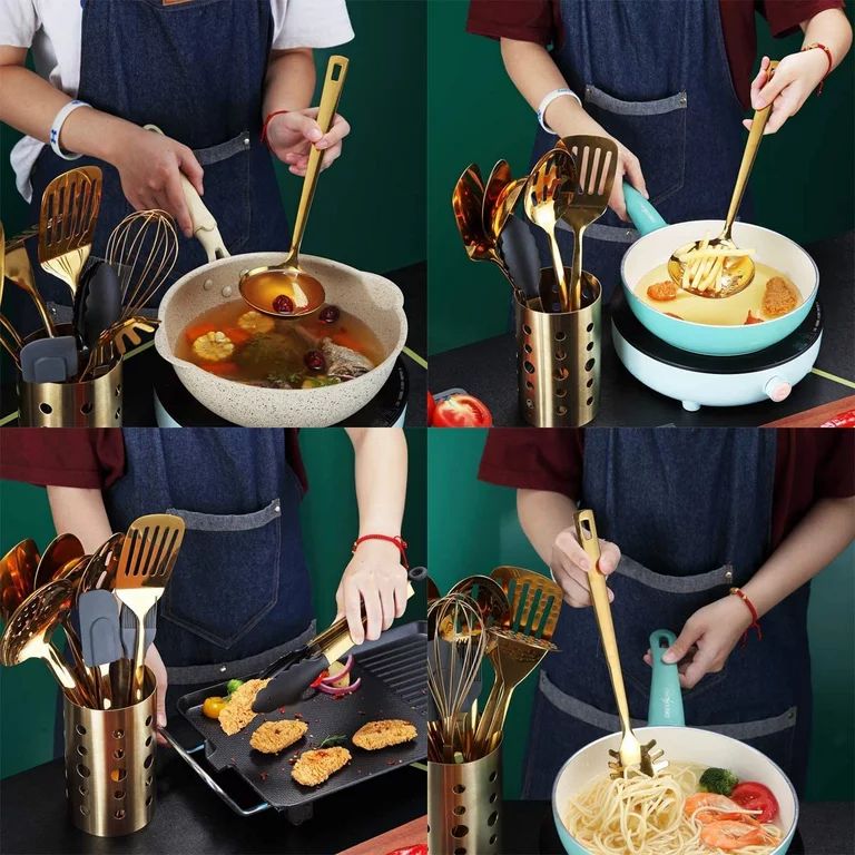ReaNea 13 Pieces Gold Cooking Utensils Set, Stainless Steel Kitchen Utensils Set with Utensil Hol... | Walmart (US)