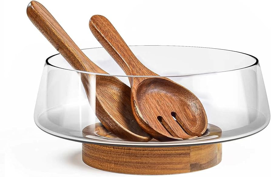 Extra Large Glass Salad Bowl Set - Party Salad Bowls with Acacia Wood Base and Serving Utensils -... | Amazon (US)