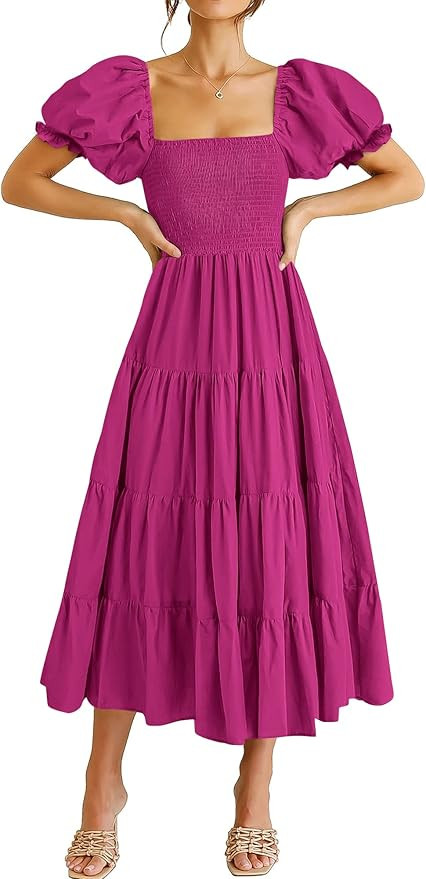 ANRABESS Women's Casual 2024 Summer Midi Dress Puff Short Sleeve Square Neck Smocked Tiered Boho ... | Amazon (US)