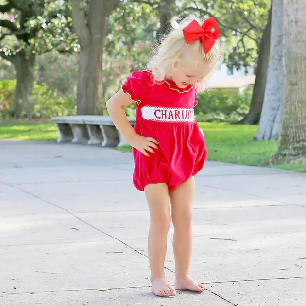 Name Smocked Red Corduroy Beverly Bubble | Classic Whimsy