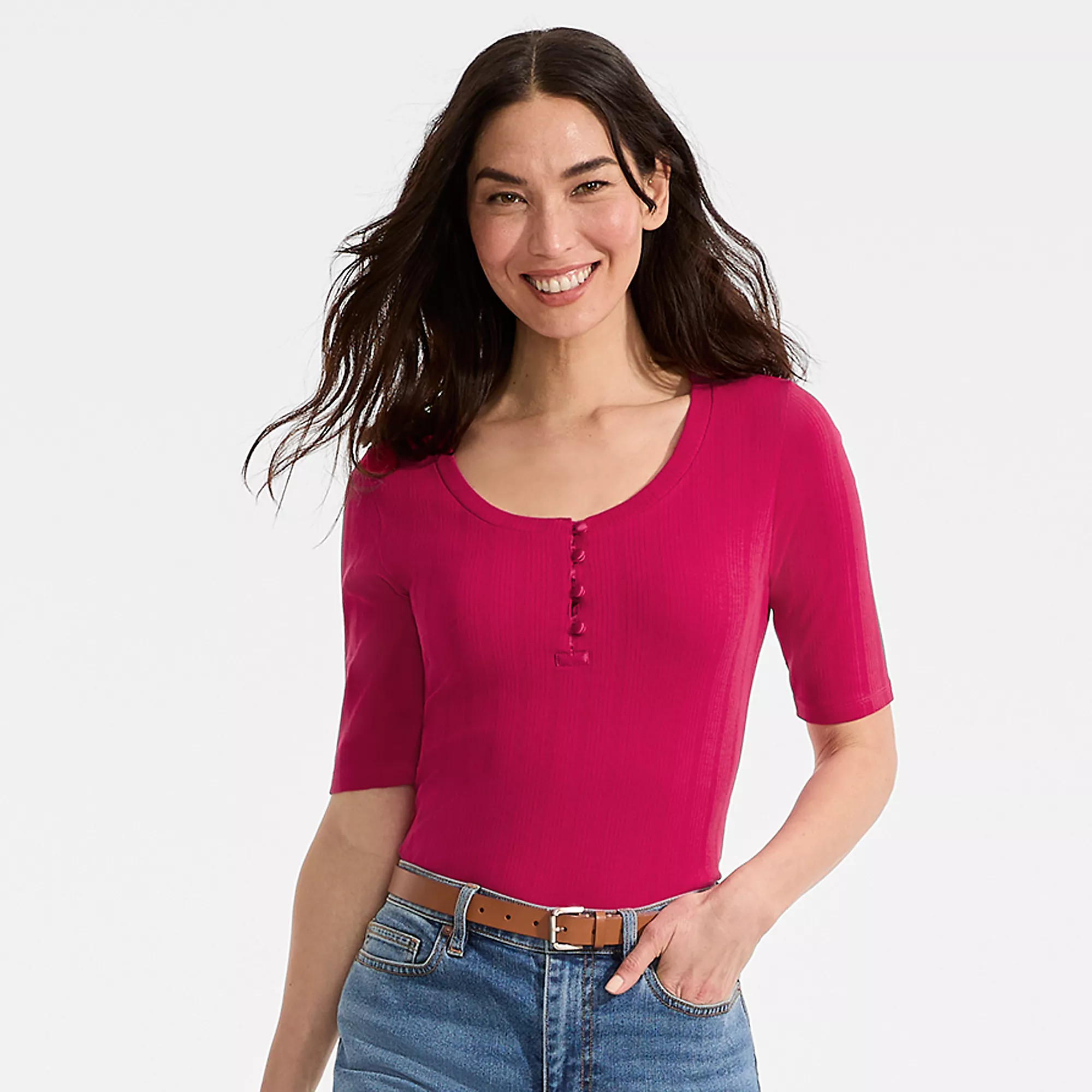 Women's Elbow Sleeve Variegated Micro Rib Scoop Neck Henley | Lands' End (US)