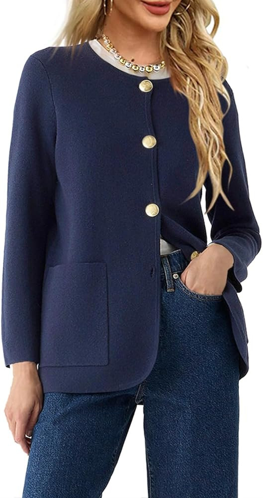 Langwyqu Womens Crew Neck Button Down Cardigan Sweaters Blazer Casual Long Sleeve Knit Solid Swea... | Amazon (US)