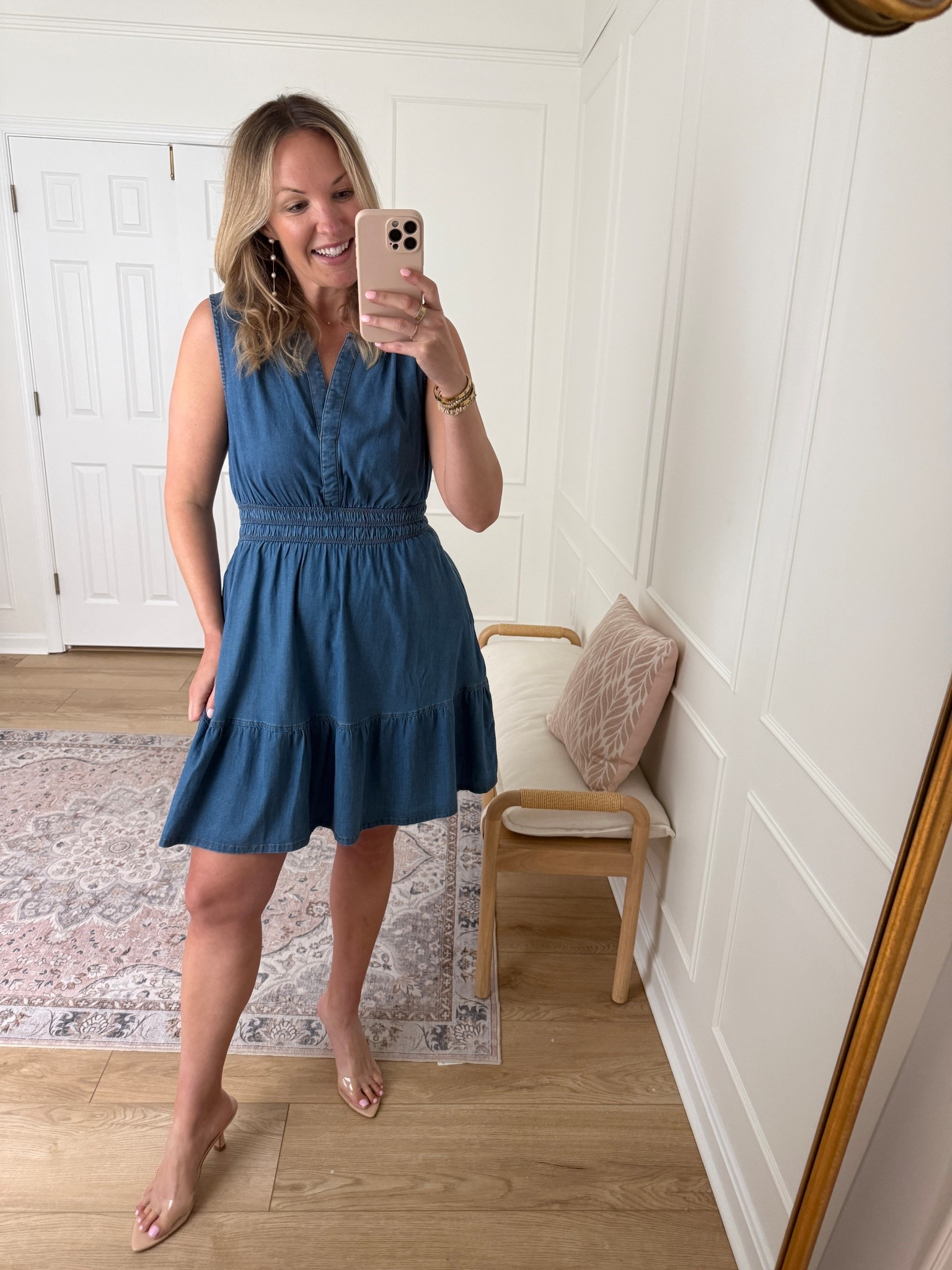 Soft chambray material! Love that you can wear a regular bra with this and it can be dressed up or down! Wearing a med 
