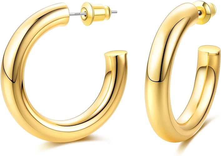 EARLLER Thick Chunky Open Hoops Earrings, 14K Gold Plated Gold Hoop Earrings, Lightweight Tube Ho... | Amazon (US)