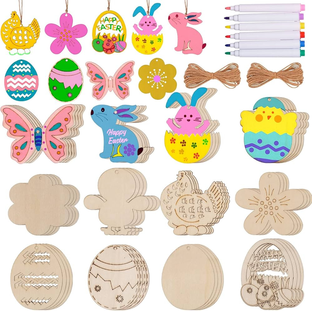 Max Fun 60PCS Easter Wood Cutouts for Crafts Easter Unfinished Ornaments DIY with Bunny to Paint ... | Amazon (US)
