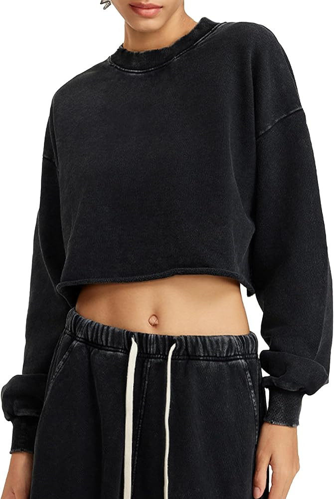 Hixiaohe Womens Cropped Sweatshirts Vintage Long Sleeve Pullover Tops Acid Wash Sweatshirt Hoodie... | Amazon (US)