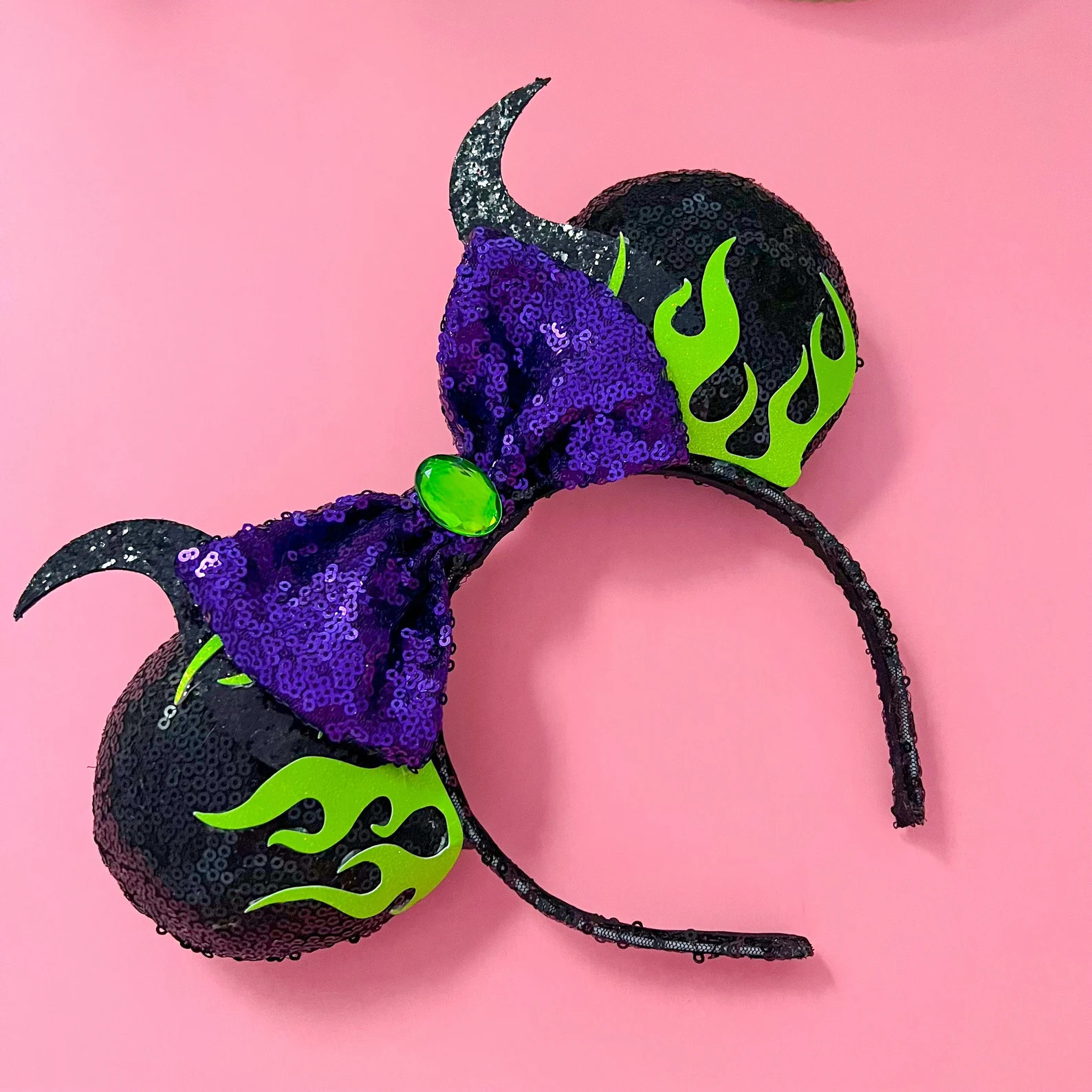 Maleficent Inspired Villain Sequin Mickey and Minnie Mouse Ears With Glitter Horns - Etsy | Etsy (Global)