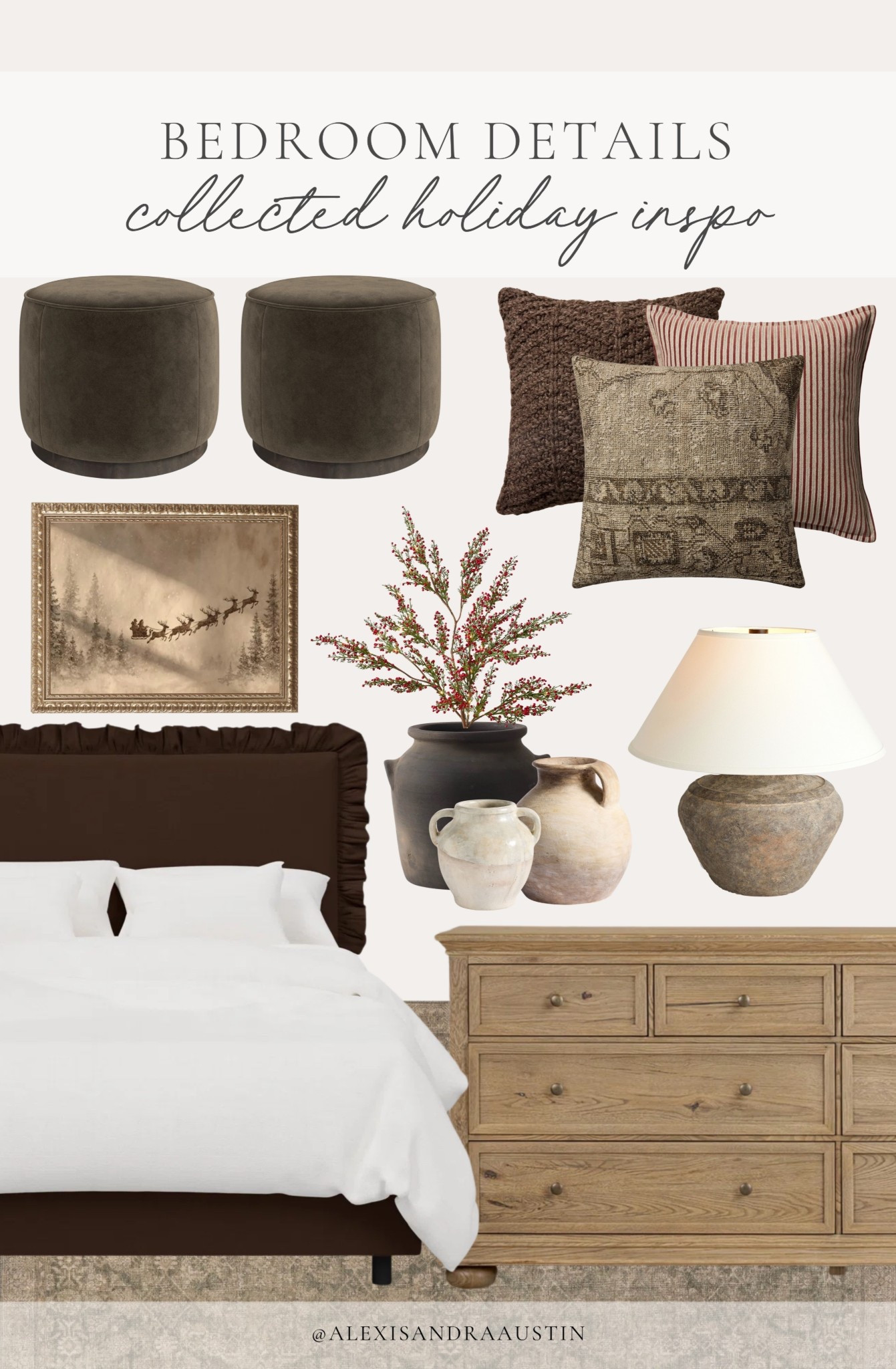 Collected holiday bedroom inspo! Loving the ruffle detail of this rich colored bed as well as the neutral tone dresser to round out the space.

Home finds, neutral home inspo, collected style, furniture favorites, neutral wood tones, cozy throw pillow, ottoman details, table lamp, vintage style pillow, vase favorites, holiday faux stems, vintage style Christmas art, vintage style frame, Wayfair, Etsy, Loloi, Pottery Barn style, shop the look!

#LTKHoliday #LTKHome #LTKSeasonal