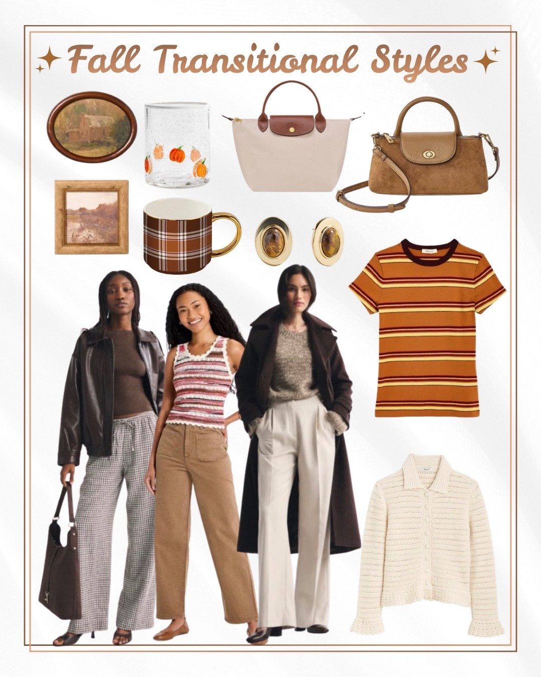 Fall Transitional Styles

Ltkxmadewell / fall outfit / fall outfits / autumn outfit / autumn outfits / fall decor / fall home decor / autumn decor / autumn home decor / trousers / beige trousers / fall colors / striped shirt / sweater / cream sweater / fall sweater / autumn sweater / denim / fall denim / autumn denim / fall pants / autumn pants / fall handbag / fall bag / autumn handbag / autumn bag / earrings / tigers eye earrings / fall paintings / autumn paintings / pumpkin glasses / fall mug / autumn mug / sale / sale alert / fall finds / fall sale / fall outfits women

#LTKSeasonal #LTKHome #LTKSaleAlert