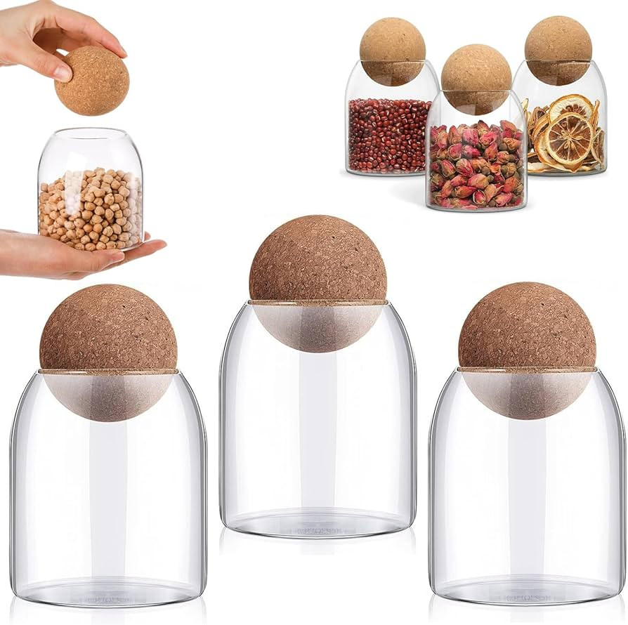 RHBLME 3 Pack Glass Storage Containers with Ball Cork, 17 Oz/500ML Glass Jar with Cork Lid, Round... | Amazon (US)