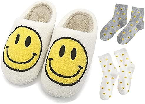 Smiley Face Slippers With 2 Pair Smiley Face Socks For Women,Cozy Plush Comfy Warm Slip-On Slippe... | Amazon (US)