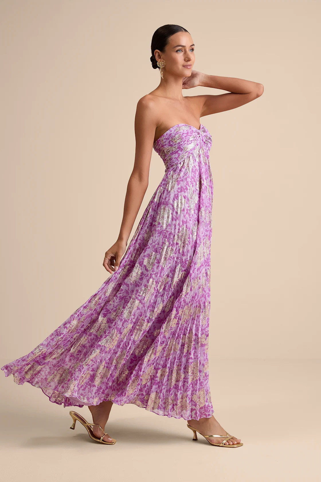 Lynwen Light Purple Abstract Pleated Strapless Maxi Dress | Lulus