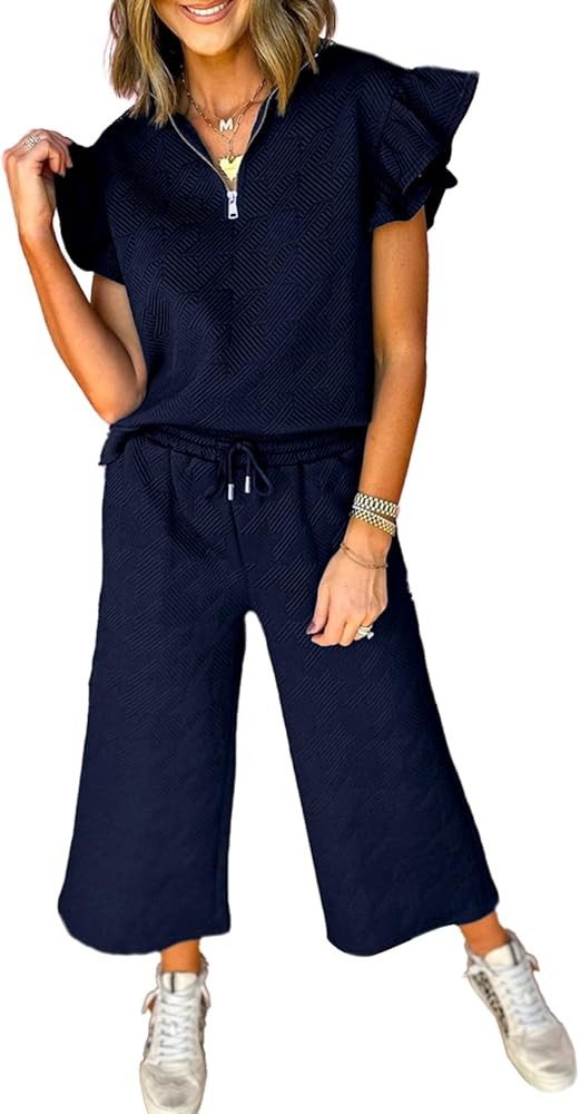 SHEWIN 2 Piece Sets Outfits for Women Collared V Neck Ruffle Short Sleeve Polo Shirts Quarter Zip... | Amazon (US)