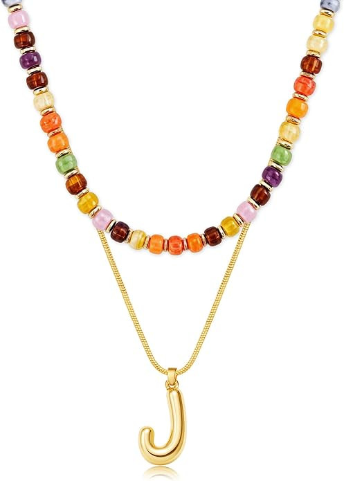 Layered Initial Necklaces for Women, 14K Gold Plated Bubble Letter Pendant Choker with Chunky Ora... | Amazon (US)