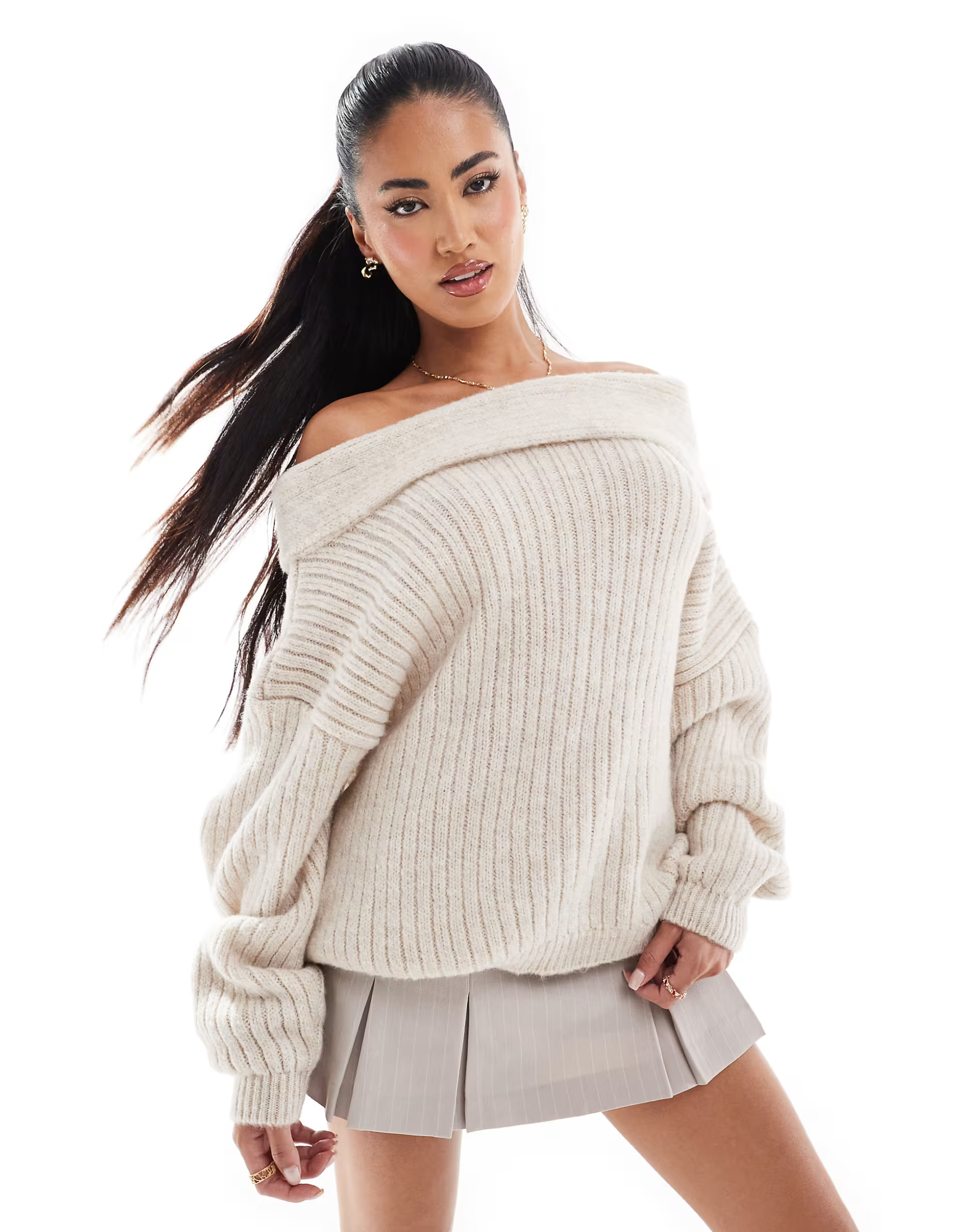 ASOS DESIGN oversized knitted off shoulder sweater in cream | ASOS (Global)