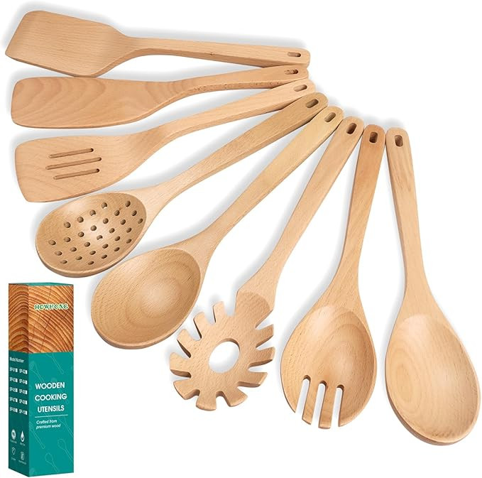 Kitchen 8-Piece Beech Wood Kitchen Utensil Set – Wooden Cooking Spoons with Spatula, Skimmer, P... | Amazon (US)