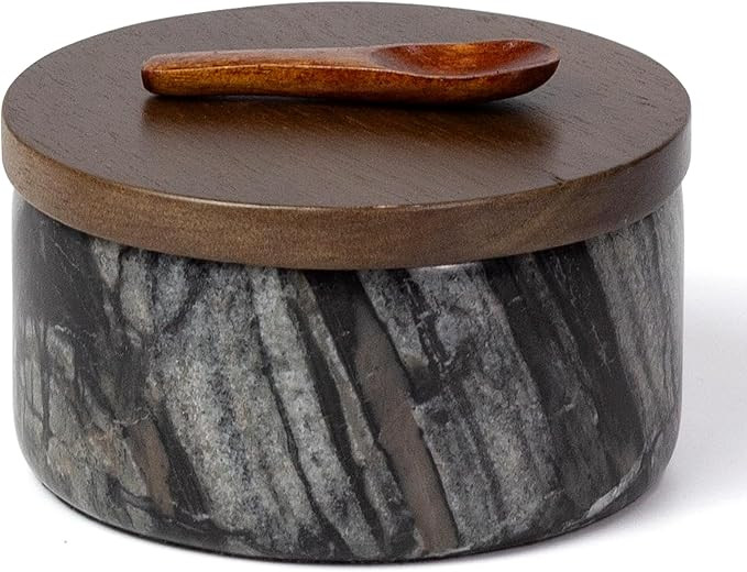 Marble Salt Cellar with Acacia Wood Lid & Spoon Grey 4" salt container | Amazon (US)