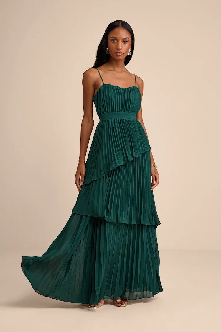 Jehona Emerald Green Pleated Tiered Maxi Dress | Lulus