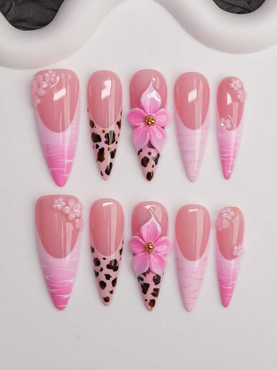 10pcs/Set Handmade Almond-Shaped Y2K Baddie Style Press-On Nails, Nude & Pink Color With French T... | SHEIN