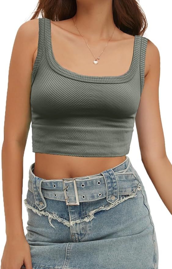 CHYRII Womens Summer Square Neck Going Out Tops Ribbed Basic Tank Crop Workout Tops | Amazon (US)