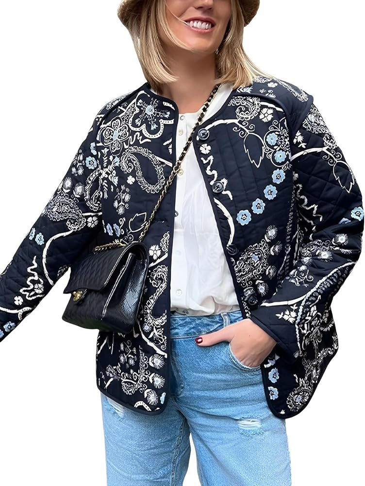 Wyeysyt Women's Cropped Puffer Jacket Quilted Floral Print Cardigan Button Up Long Sleeve Lightwe... | Amazon (US)