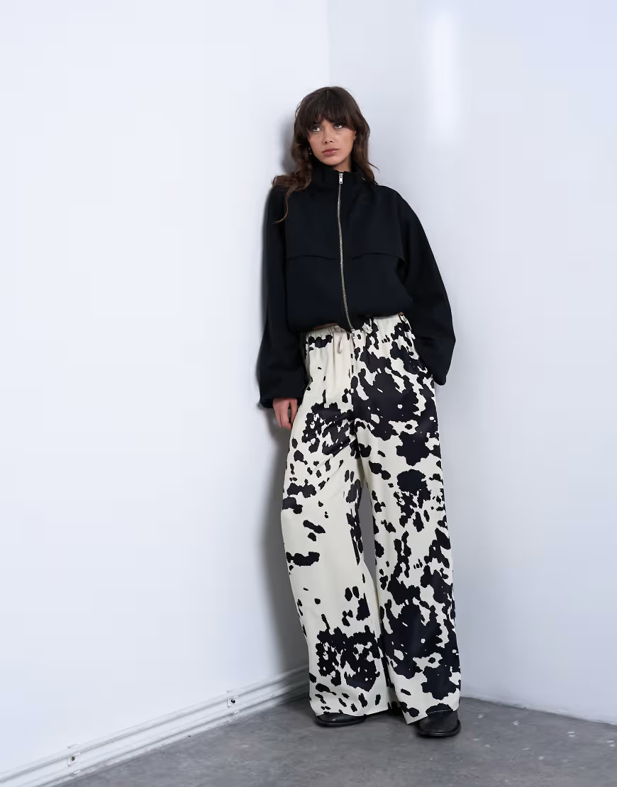 Topshop satin wide leg with tie waist trouser in cow print-Multi | ASOS (Global)