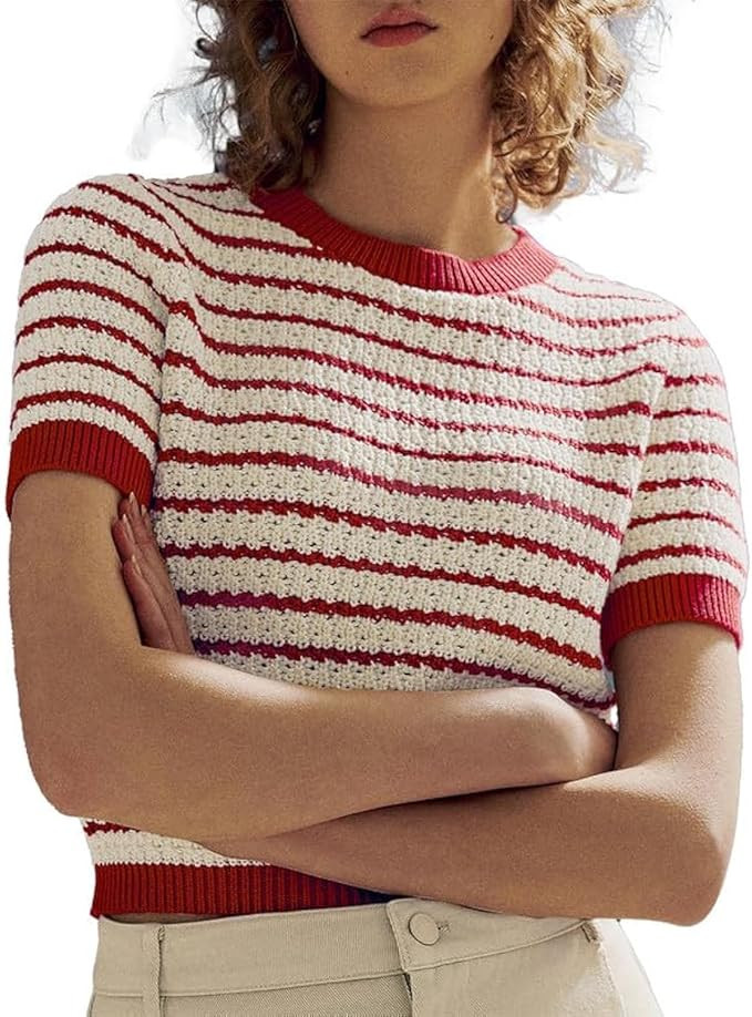 URBAN REVIVO Women's Short Sleeve Sweaters Crewneck Knit Tops Casual Striped 2025 Trendy Soft Sum... | Amazon (US)