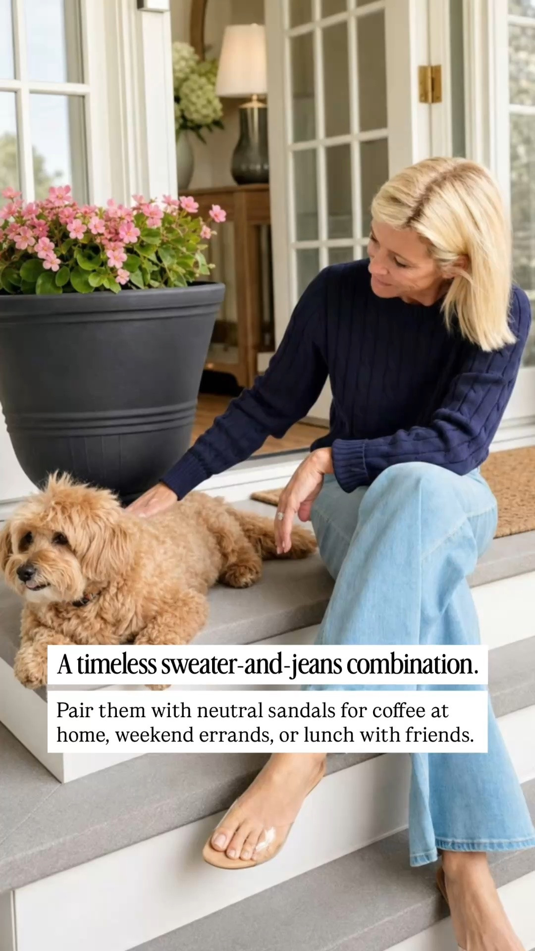 A classic navy cable-knit sweater with light-wash wide-leg jeans is one of those outfits that never goes out of style. Easy, comfortable, and polished enough for coffee on the porch, errands, or lunch with a friend. Add neutral sandals for a relaxed everyday look. 

👩‍💻 LTK PRO TIPS
❤️ Heart = Support my posts ;-)
🔖 Save = Get sale & restock alerts for the things you love!
📋 Lists = Keep favorites organized (List ideas: Christmas, Birthdays, and Vacations!)
📲 Share = Send lists and products to a friend (or your daughters like me).
💬 Comment = Ask me anything, and I'll answer. ;-)