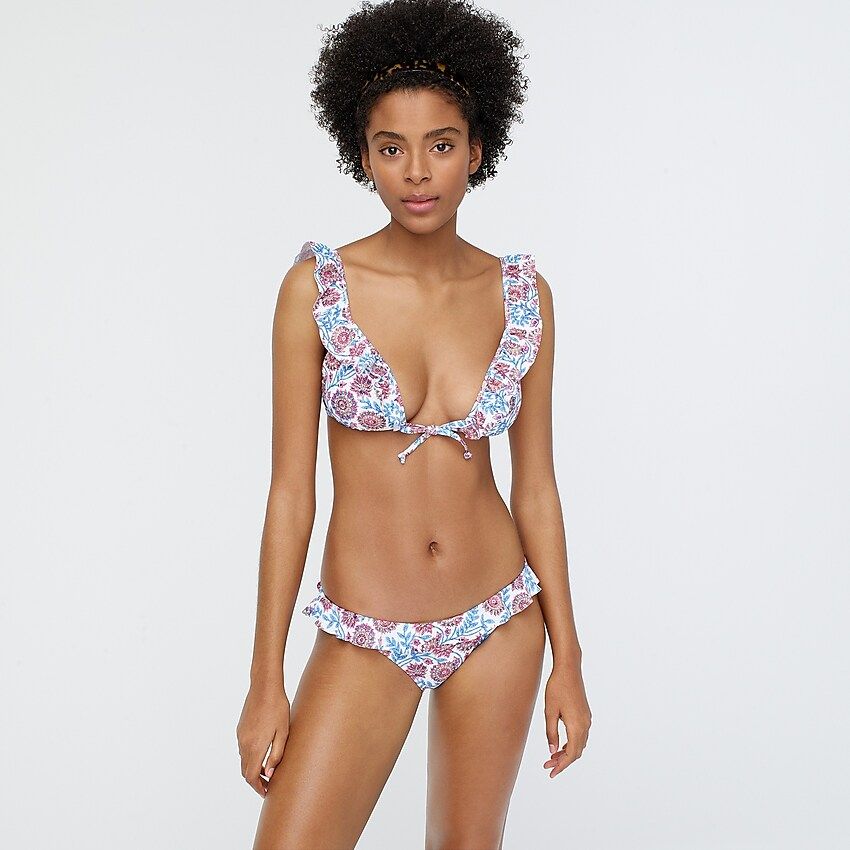 Tie-front ruffle bikini top in floral vine block print | J.Crew US