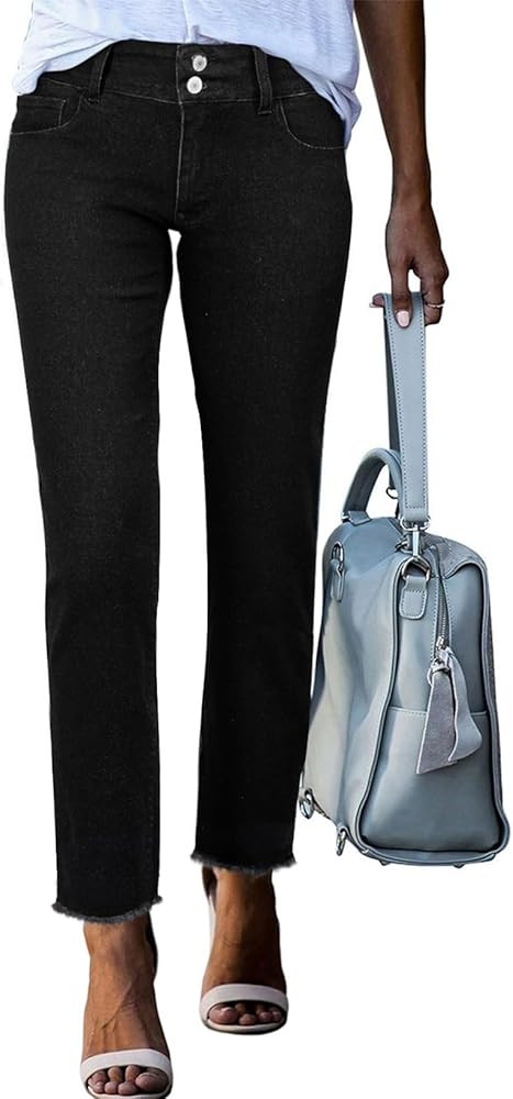 Sidefeel Women's High Waisted Jeans Strechy Fashion Raw Hem Straight Leg Ankle Denim Pants with P... | Amazon (US)