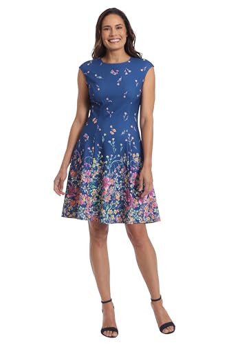 London Times Women's Dresses Floral Border Cap Sleeve Fit & Flare Dress, Blue/Azalea Pink, 4 | Amazon (US)