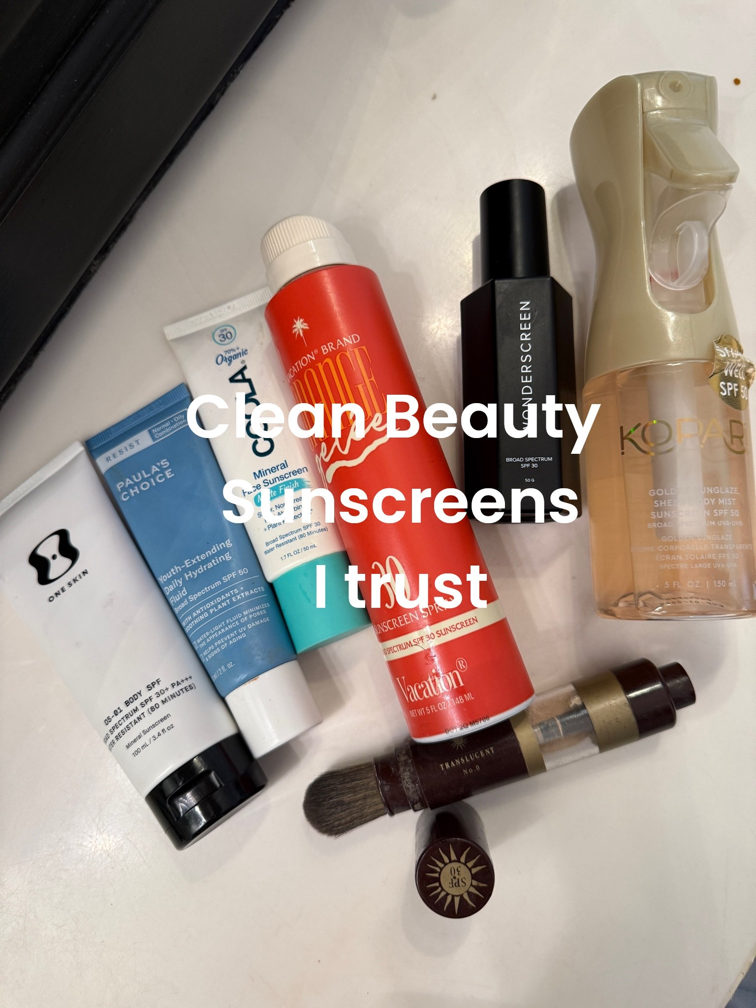 The clean beauty sunscreens 
I trust and use myself and family

-Oneskin mineral sunscreen
-Paula’s Choice broad band spectrums of 50
-cools mineral face sunscreen 
-Vacation brand Orange Geller. 30 sunscreen spray smells like summer 
- wonderscreen broad band spf30  by dime 
-Kiara  spf 30 with golden sheen  smells amazing
- emeinence powder sunscreen clean beauty

Not shown that I love and used up and just reordered is the sun and sol

#LTKgrwm #LTKSwim #LTKBeauty