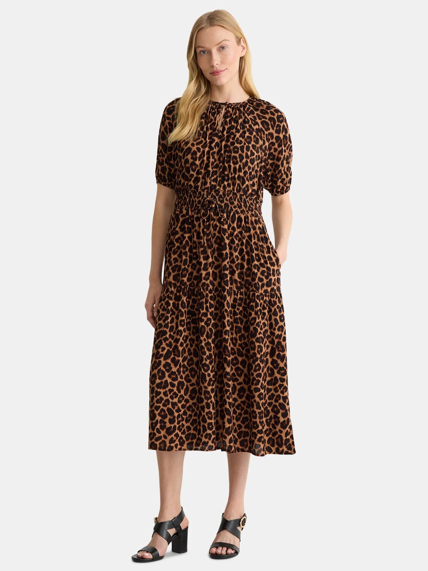 Time And Tru Women's Tiered Smocked Waist Midi Dress with Short Sleeves, Sizes XS-XXXL - Walmart.... | Walmart (US)