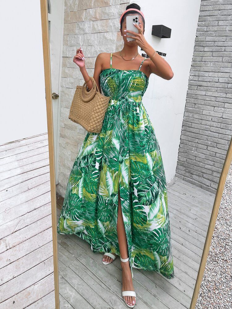 Tropical Print Shirred Split Thigh Cami Dress | SHEIN