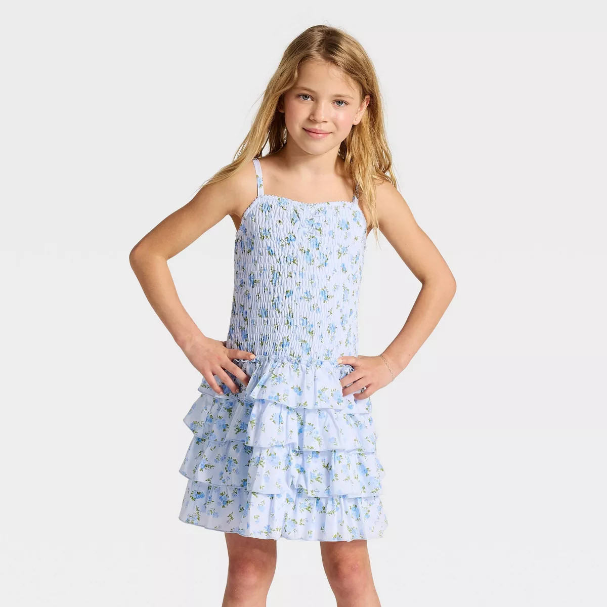 Girls' Smocked Drop Waist Floral Printed Dress - Cat & Jack™ Blue XS | Target