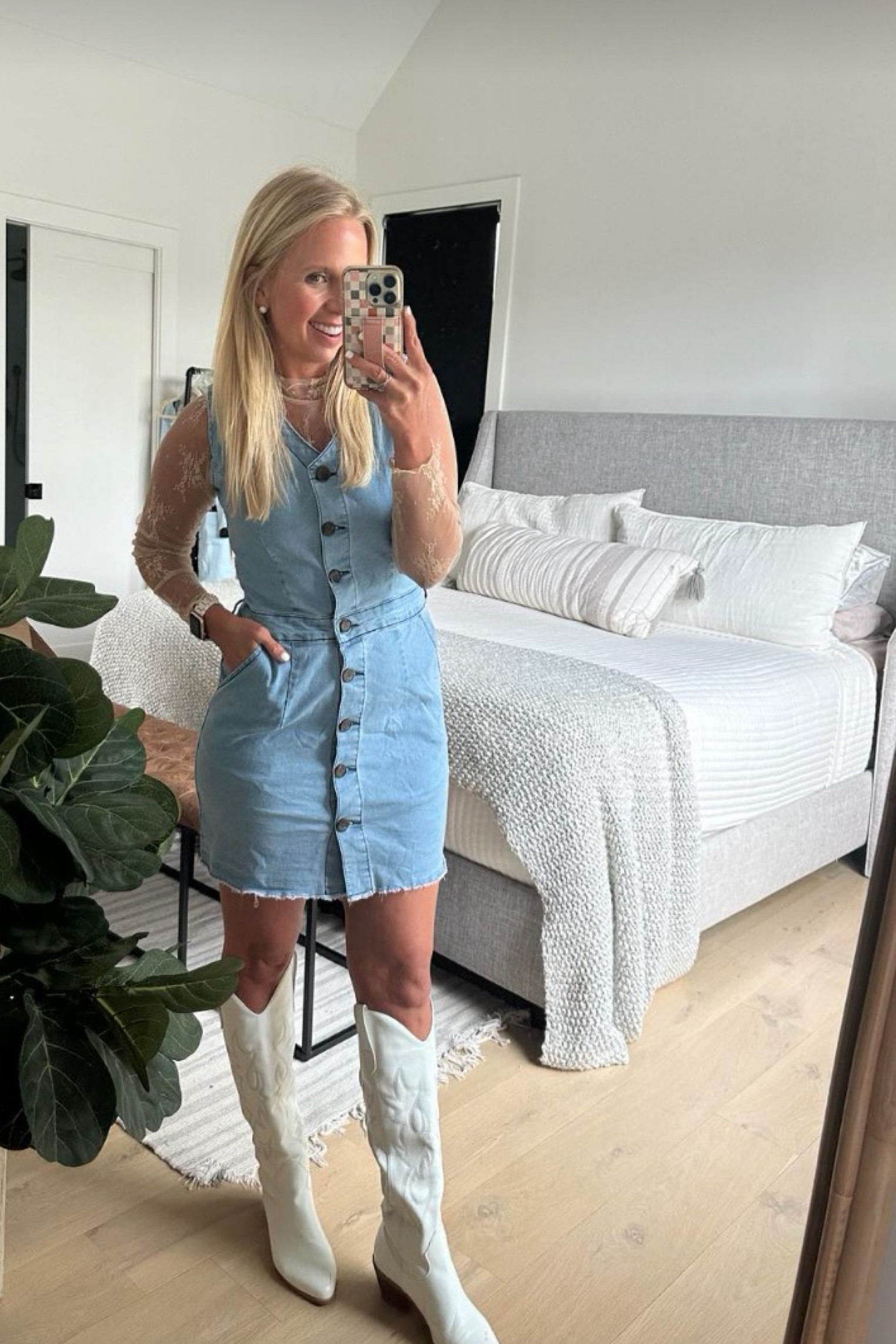 Stretchy denim dress with functional buttons. Sheer lace long sleeve underneath. I've had these boots for years and can wear them to walk for hours. All from Amazon!

#LTKFindsUnder50 #LTKFestival #LTKShoeCrush