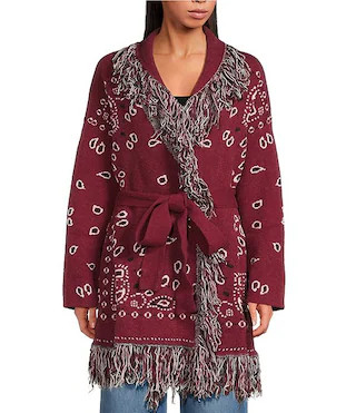 Sugarlips Bandana Fringe Shawl Collar Belted Open Front Cardigan | Dillard's | Dillard's