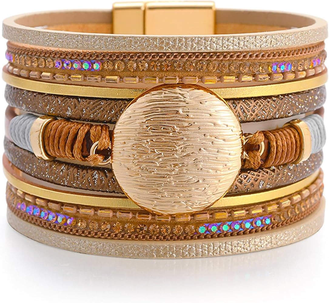 Layered Leather Wrap Bracelet for Women Rhinestone Bracelet Chunky Bracelet Heart Charm Bracelet ... | Amazon (US)