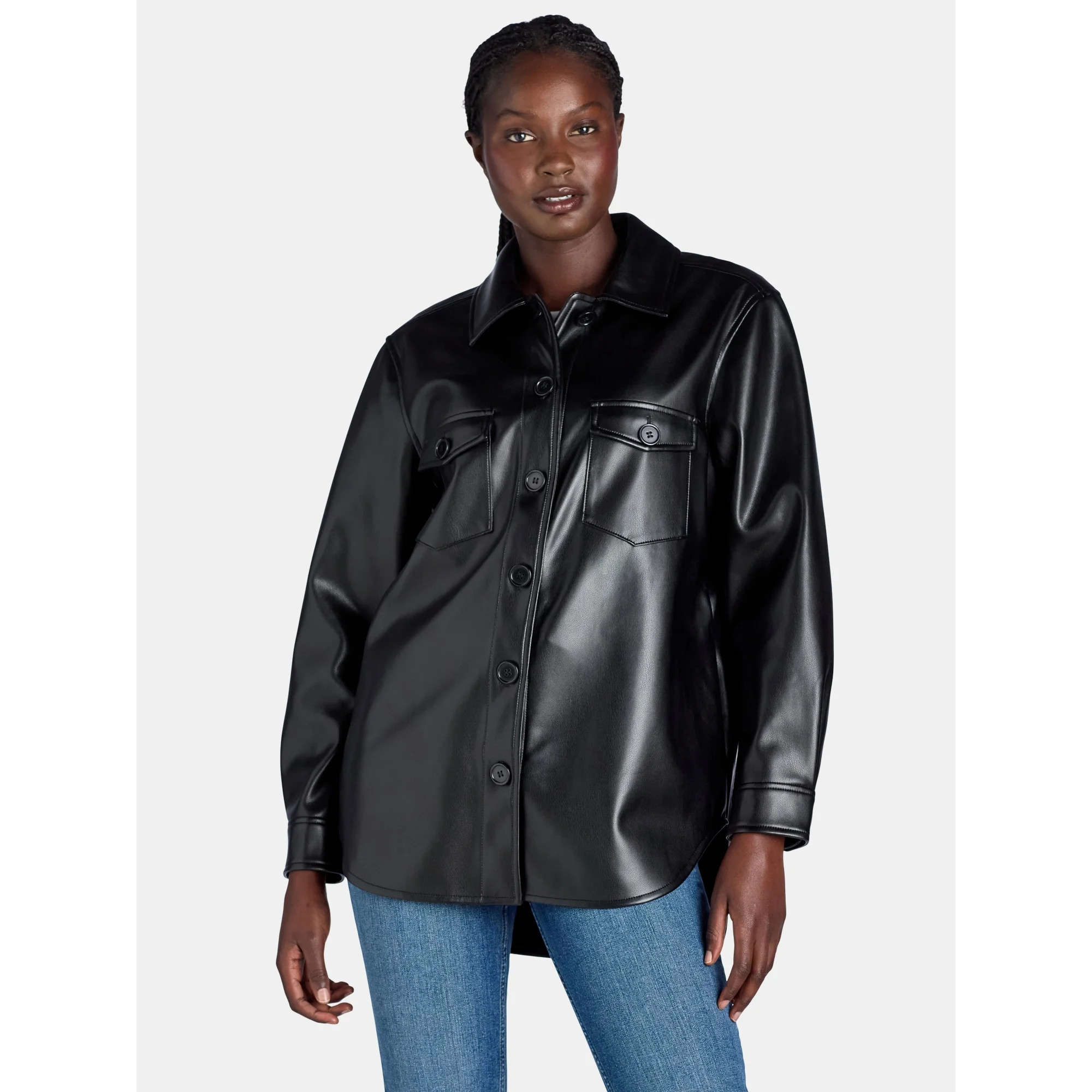 Time and Tru Women's Faux Leather Shacket, Sizes XS-XXXL - Walmart.com | Walmart (US)