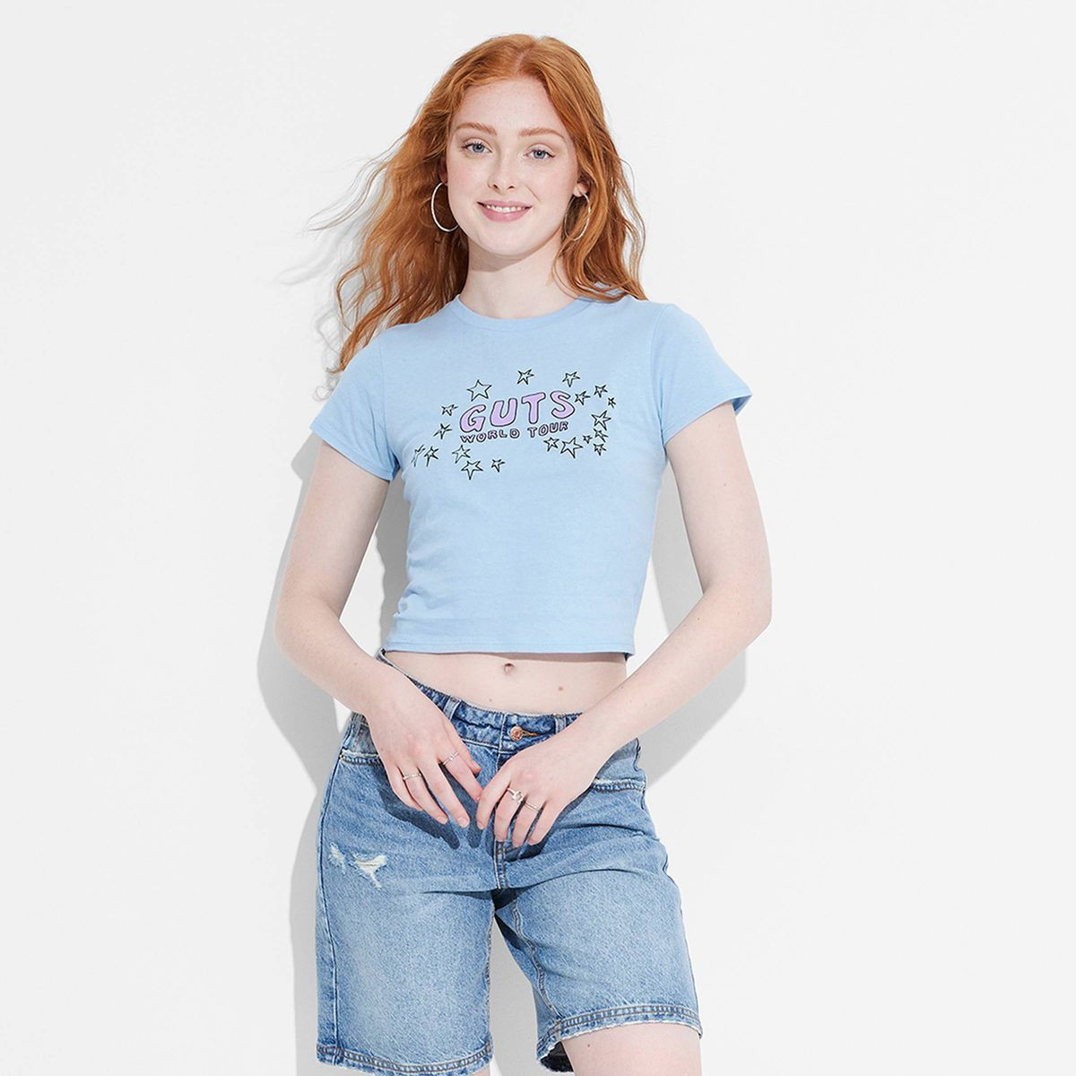 Women's Olivia Rodrigo Guts Short Sleeve Graphic Baby T-Shirt - Blue | Target