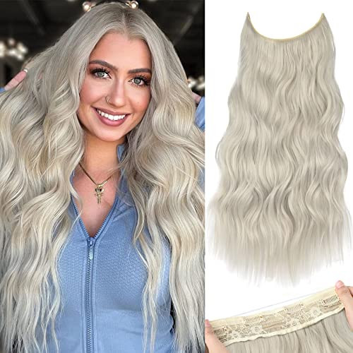 KooKaStyle Invisible Wire Hair Extensions with Transparent Wire Headband Adjustable Size 4 Secure Clips Silver Grey Blonde Long Wavy Hairpiece for Women | Amazon (US)