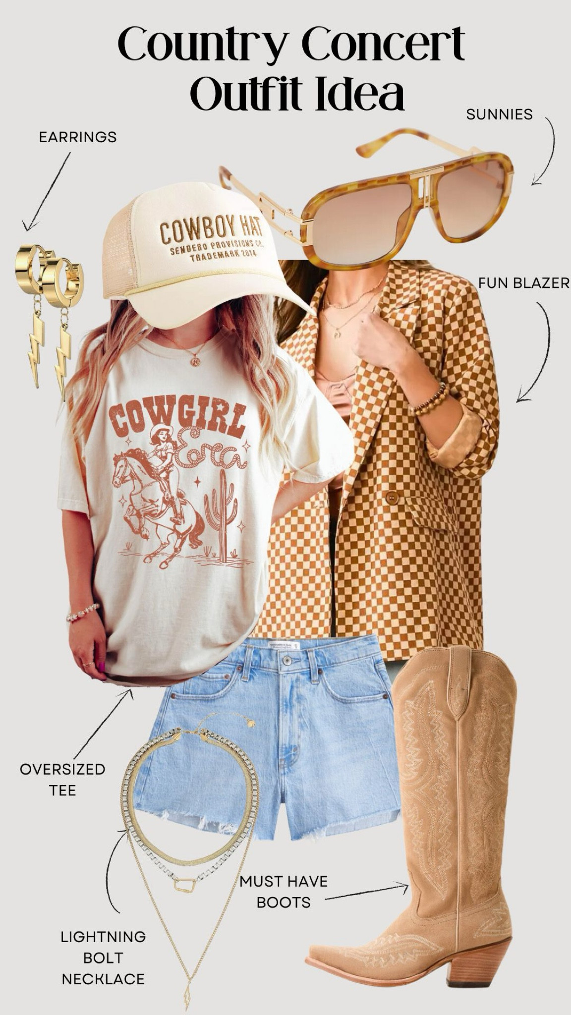 Summer means warm air and country concerts! I adore this checkered blazer and lightning bolt accessory combo. It’s a little bit country and a little bit rock and roll! And if the blazer is too much for you… you can’t go wrong with just a cowgirl oversized tee, cut off shorts, trucker hat, and a solid pair of quality cowboy boots! 

#LTKSeasonal #LTKStyleTip #LTKFestival