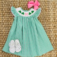 Shamrock & Bow Smocked Bishop Dress in Gingham - St. Patrick's Day, Style, Flutter Sleeve, Baby Girl 475 G | Etsy (US)