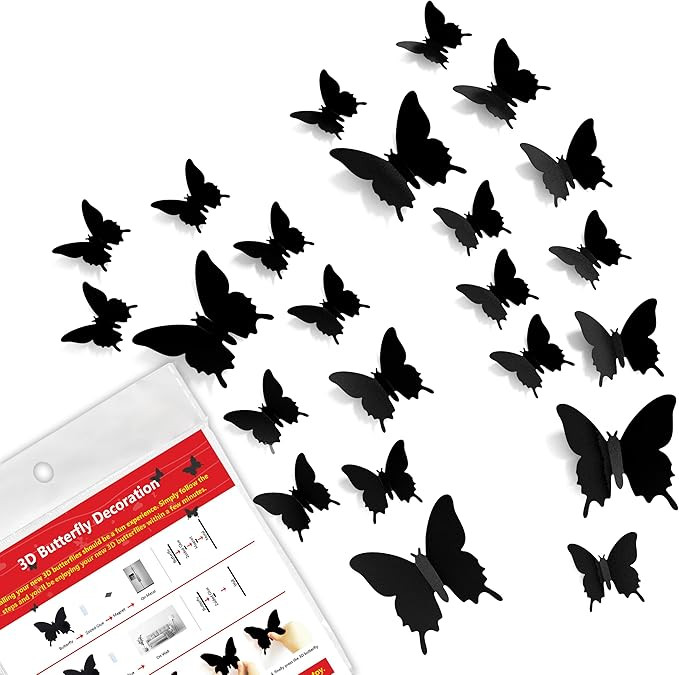 24pcs Black 3D Butterfly Wall Decals - 3 Sizes Butterflies Décor for Wall Removable Mural Sticke... | Amazon (US)