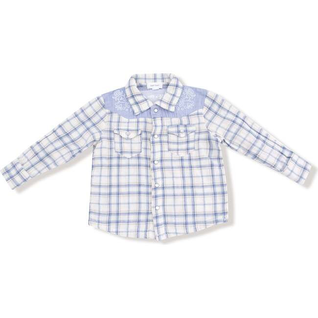 Angel Dear | Long Sleeve Western Pearl Snap Shirt, Blue Plaid | Organic Cotton (Multicolor, Size 18-24M) | Maisonette | Maisonette