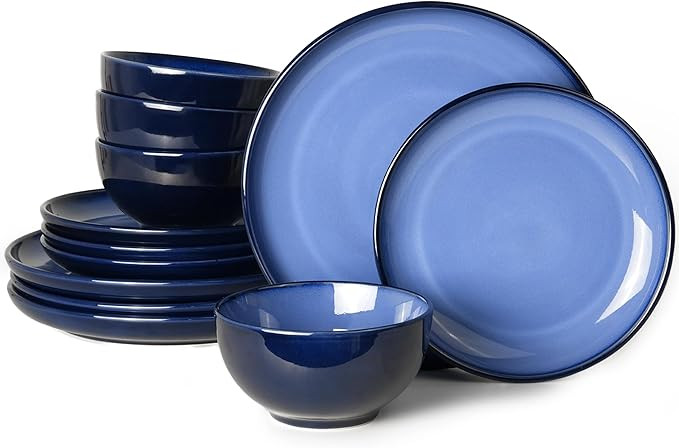 Blue Stoneware Dinnerware Set, 12 pcs Reactive Glaze Plates and Bowls Sets, Handmade Round Dishes... | Amazon (US)