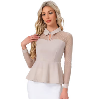 INSPIRE CHIC Women's Mesh Sheer Long Sleeve Turn Down Collar Keyhole Peplum Top X-Small Beige | Target