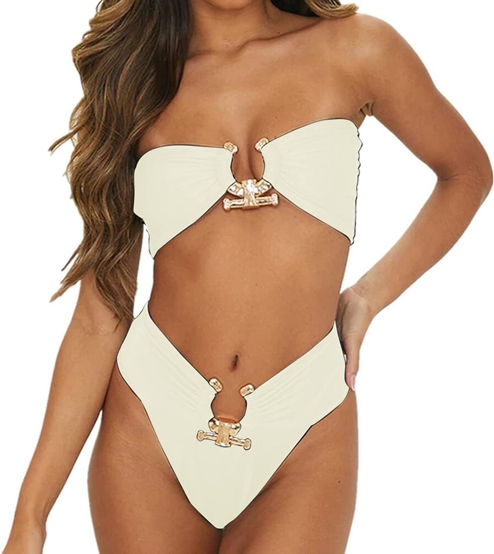 Women Sexy Off Shoulder Bandeau Two Piece Bikini Set Push Up Metal Ring High Waist Swimwear Bathi... | Amazon (US)