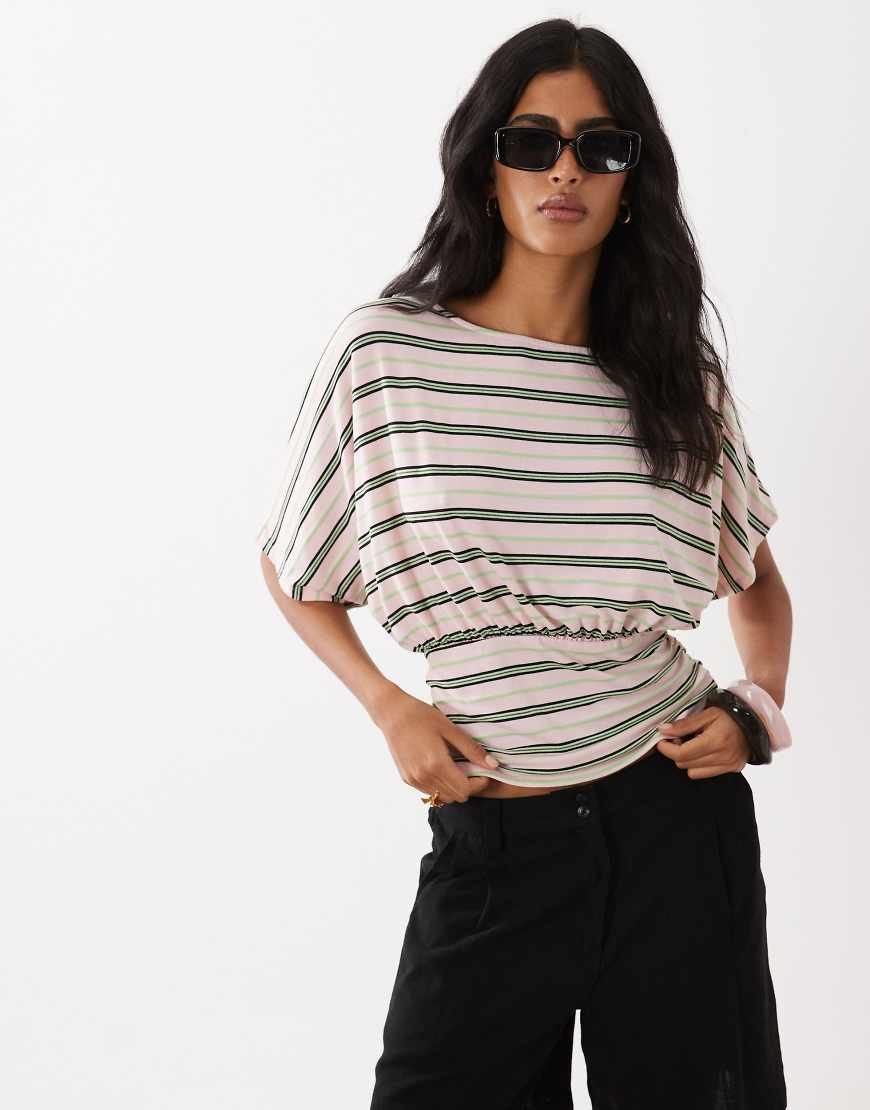 ASOS DESIGN batwing sleeve cinched waist top in pink and green stripe-Multi | ASOS (Global)
